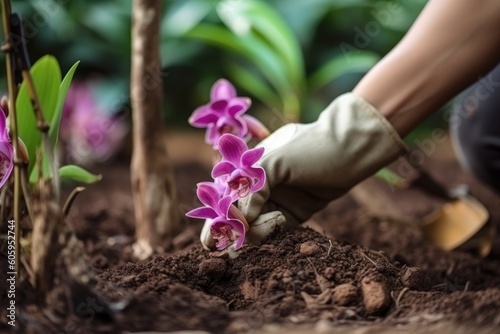 gardener, planting delicate orchid, in serene and peaceful garden, created with generative ai