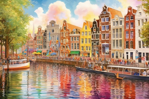 Watercolor painting of Amsterdam canals and typical houses. Cityscape with houses on riverbank. Landmark of Netherlands. Colorful illustration, created with generative ai