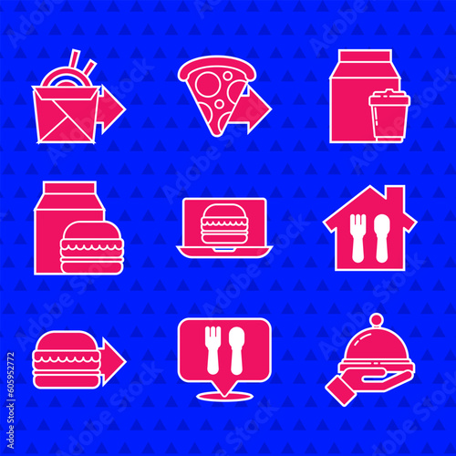 Set Online ordering burger delivery, Cafe and restaurant location, Covered with tray of food, and noodles icon. Vector