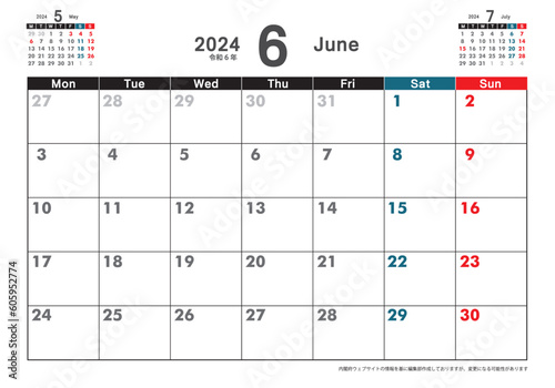 令和6年 2024年4月　月曜始まり卓上カレンダー素材イラスト　テンプレートデータ　ベクターデータ