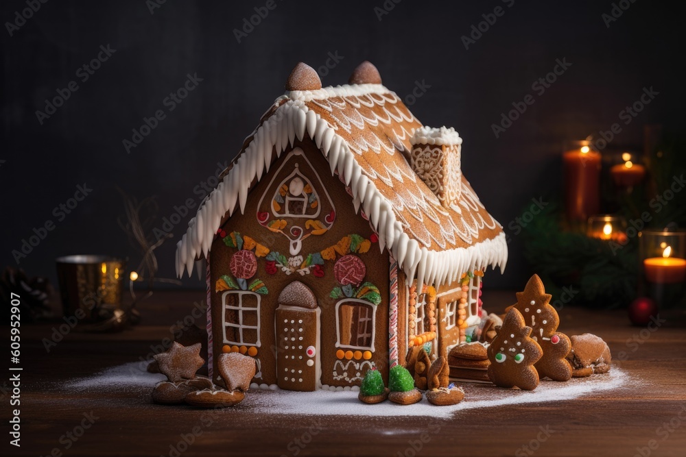 festive gingerbread house, filled with miniature pastries and sweets, created with generative ai
