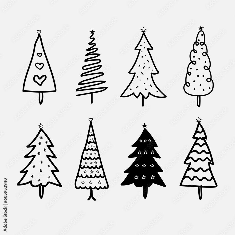 Fototapeta premium Set christmas tree Hand drawn line art design