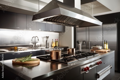 modern kitchen with sleek and chic cooking stations, including induction cooktop, gas stovetop and stainless steel hood, created with generative ai