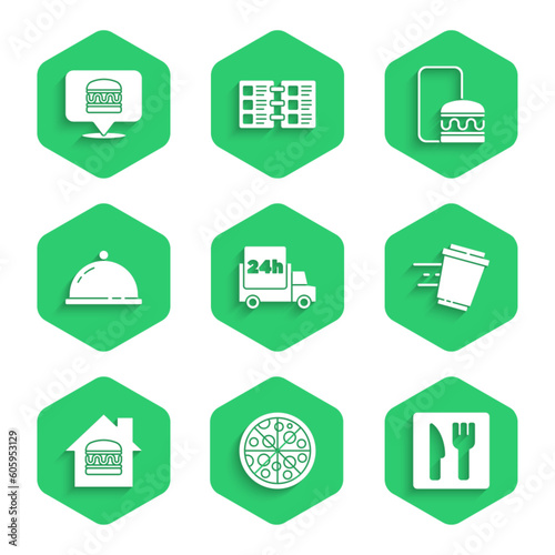 Set Fast delivery by car, Pizza, Cafe and restaurant location, Coffee cup to go, Online ordering, Covered with tray food, and burger icon. Vector