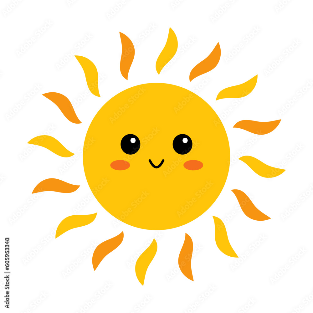 Vector cute sun with face. Funny smiling sun in flat design. Childish sunshine emoji. Kawaii sun with sunbeams. Baby sunshine clipart.