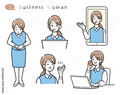 働く女性　イラスト　ポーズセット　素材　パソコン　オペレーター