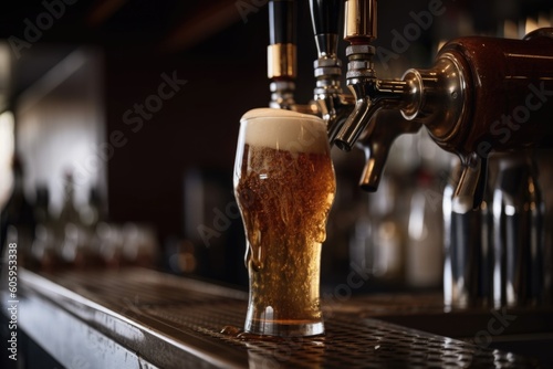 close-up of draught beer flowing from tap, with foamy head, created with generative ai