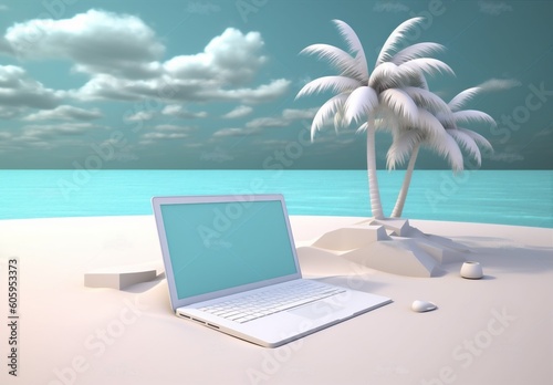 vacation concept summer tropical laptop palm beach travel computer tree. Generative AI.