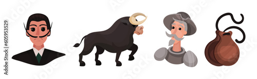 Spain Attributes with Don Quixote, Bull, Knackers and Man with Mustache Vector Set