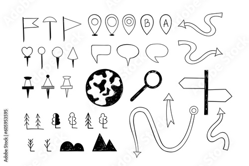 Hand-drawn map pointers. Set of navigation pins. Arrows and map markings. Map markings. Pointers. Vector illustration.