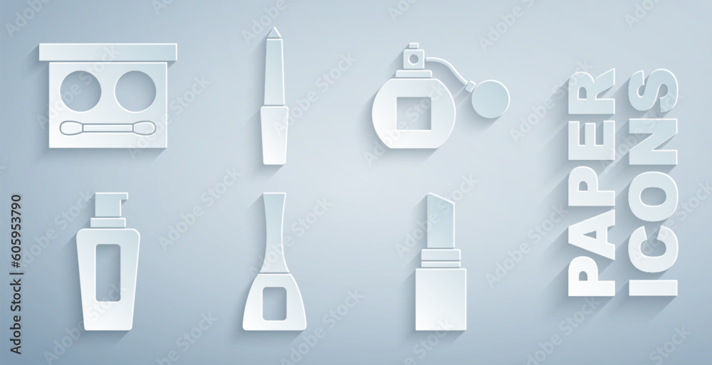 Set Nail polish bottle, Perfume, Bottle of shampoo, Lipstick, file and Eye shadow palette icon. Vector Set Nail polish bottle, Perfume, Bottle of shampoo, Lipstick, file and Eye shadow palette icon. Vector