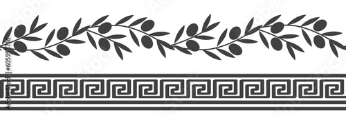 Seamless pattern with Roman ornament and olive branches. Vector decorative border for wall decor, olive oil packaging, tiles, cards