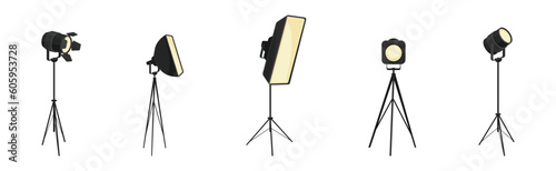 Photographer Studio Lighting Equipment with Spotlight and Lamp Vector Set