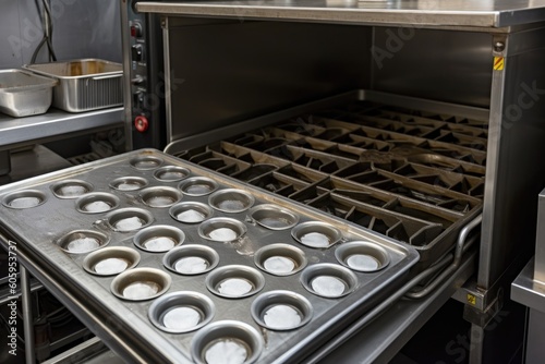 oven and range with baking trays and mixers, ready for baking, created with generative ai