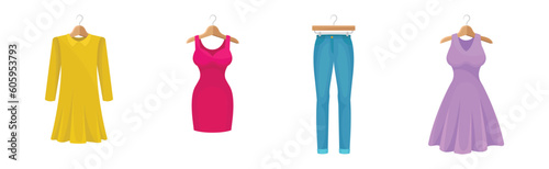 Woman Clothing with Dress and Denim Pants on Hanger Vector Set
