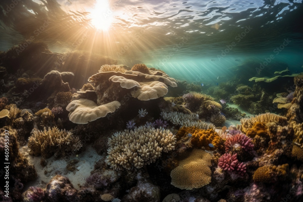 Fototapeta premium coral reef under the midnight sun, with vibrant colors and active marine life, created with generative ai