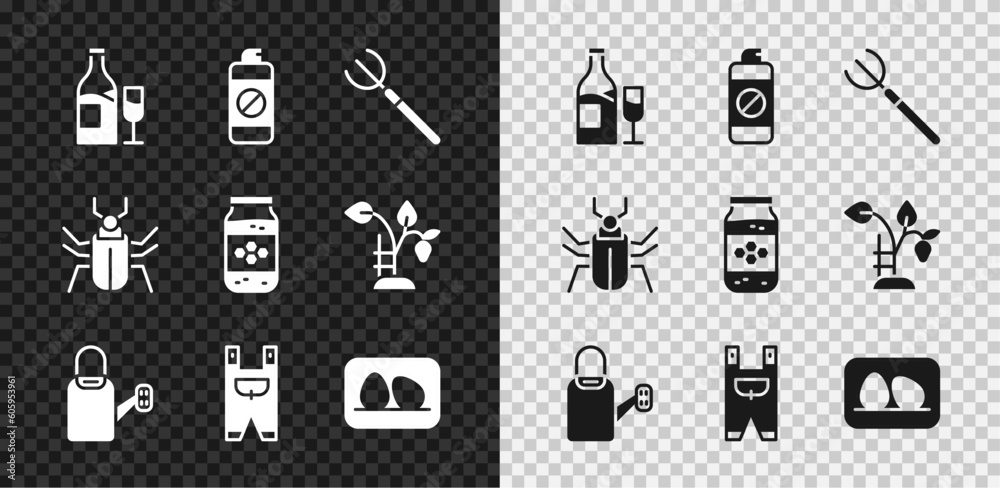 Set Wine bottle with glass, Garden sprayer for fertilizer, pitchfork, Watering can, worker clothes, Chicken egg, Insect fly and Jar of honey icon. Vector