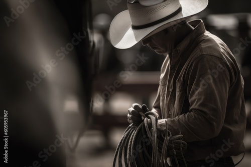 rodeo contestant with cowboy hat and rope in hand, getting ready for the next event, created with generative ai