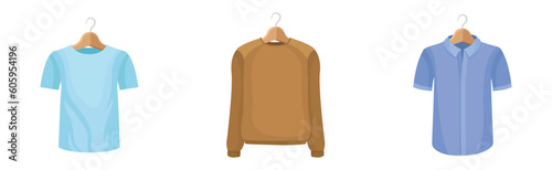 Man Clothing with Sweatshirt, Shirt and Sweater on Wooden Hanger Vector Set