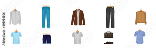 Man Clothing with Jeans, Jacket, Shirt and Trousers on Wooden Hanger Vector Set