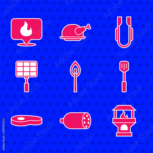 Set Burning match with fire, Salami sausage, Brick stove, Barbecue spatula, Steak meat, steel grid, Meat tongs and Location flame icon. Vector