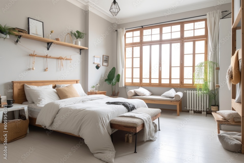 Fototapeta premium light and airy bedroom, in which only essential items are kept, created with generative ai
