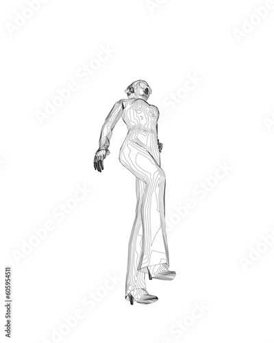 The contour of a girl in sunglasses stands with her leg forward and her hand on her hip. Silhouette standing woman in sunglasses. Stylized contemporary portrait model. Girl in trendy clothes. Vector.