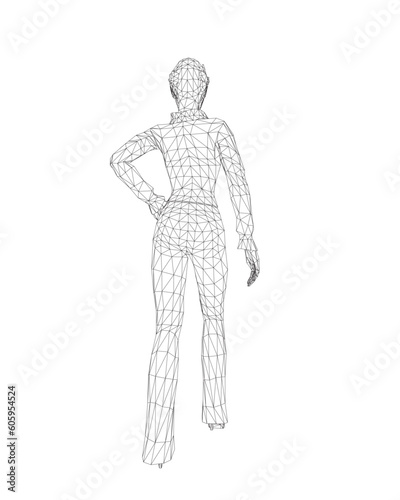 Businesswoman character wireframe. Attractive girl wearing formal suit standing. Vector illustration isolated on white background. 3D. Vector business woman black silhouette walk step forward..