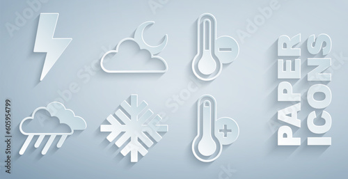 Set Snowflake, Meteorology thermometer, Cloud with rain, moon and Lightning bolt icon. Vector