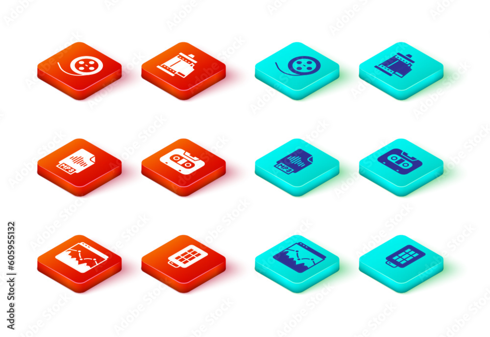 Set Music wave equalizer, Softbox light, MP3 file document, Retro audio cassette tape, Camera roll cartridge and Film reel icon. Vector Set Music wave equalizer, Softbox light, MP3 file document, Retro audio cassette tape, Camera roll cartridge and Film reel icon. Vector