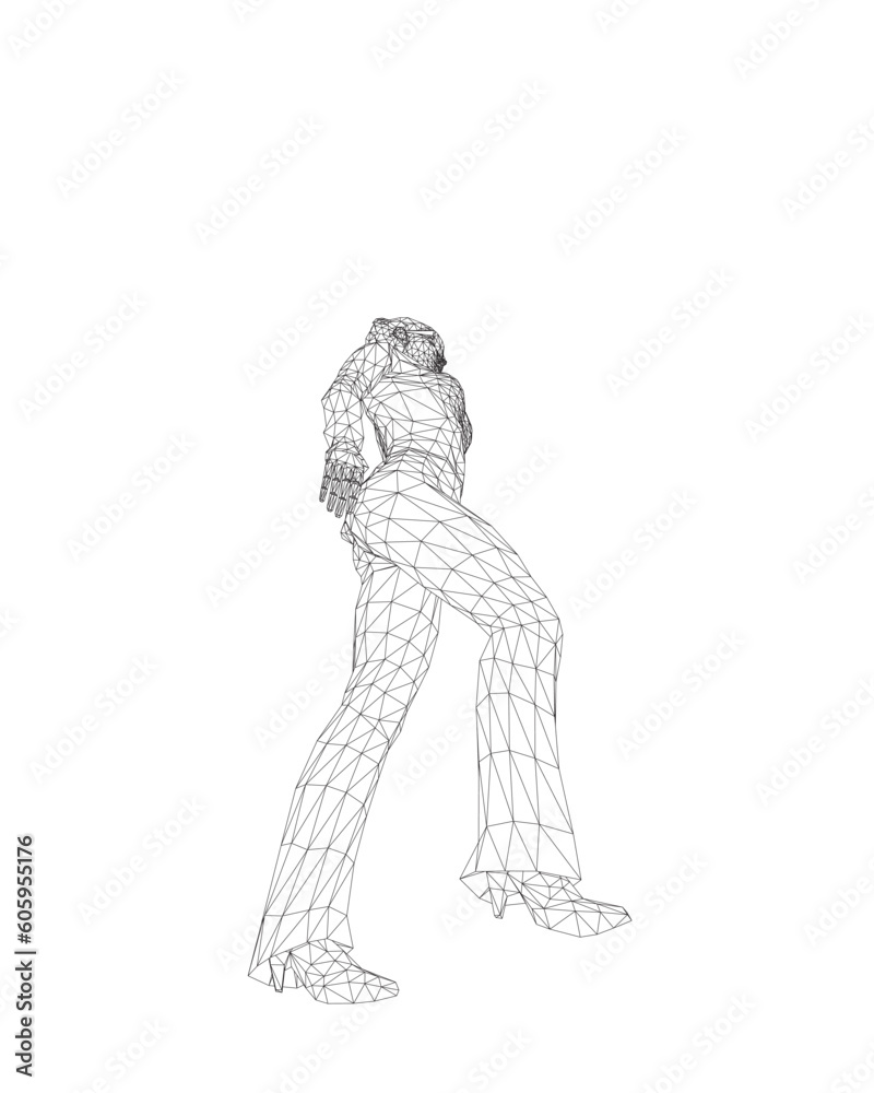 Businesswoman character wireframe. Attractive girl wearing formal suit standing. Vector illustration isolated on white background. 3D. Vector business woman black silhouette walk step forward..