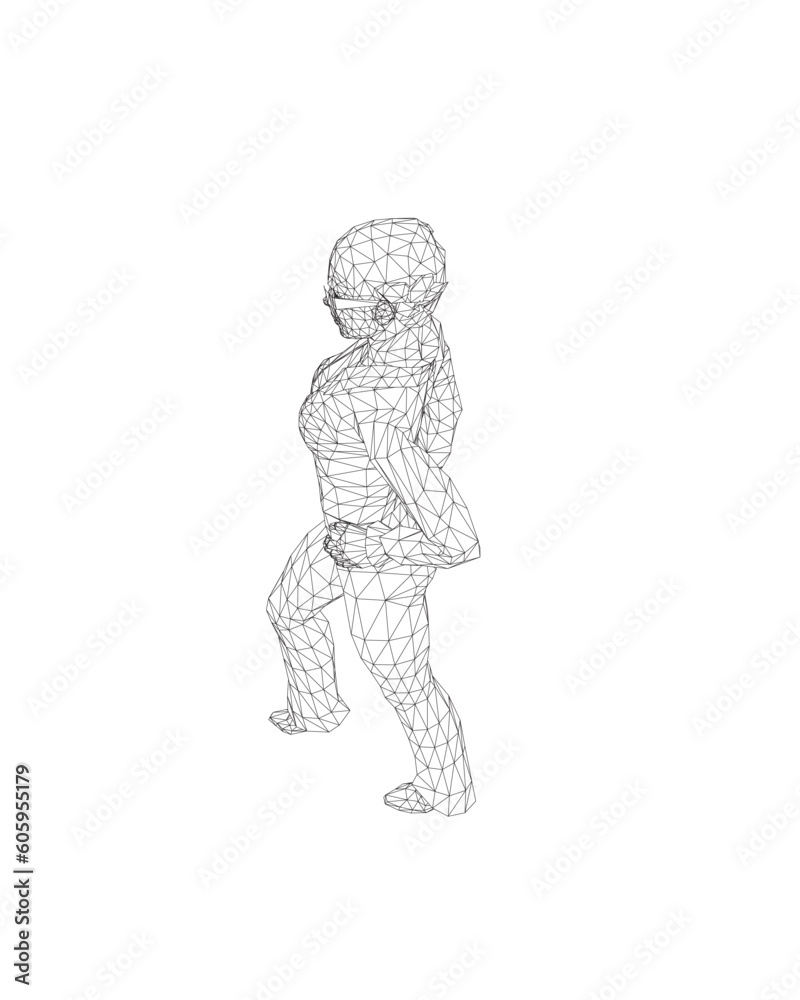 Fototapeta premium Businesswoman character wireframe. Attractive girl wearing formal suit standing. Vector illustration isolated on white background. 3D. Vector business woman black silhouette walk step forward..