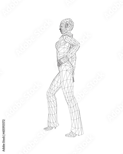 Businesswoman character wireframe. Attractive girl wearing formal suit standing. Vector illustration isolated on white background. 3D. Vector business woman black silhouette walk step forward.. © German Ovchinnikov