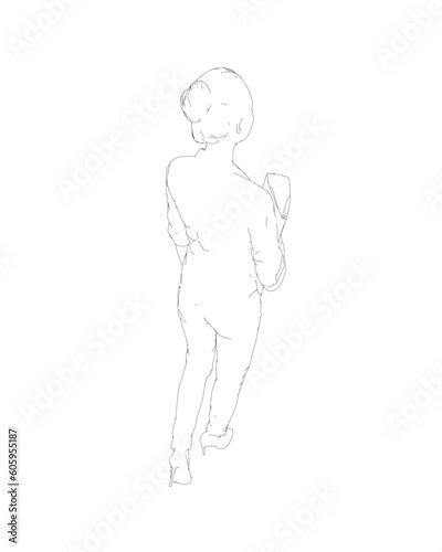 Drawing of fashionable young woman walking with folder with documents in hand. Vector of girl walk. Drawing Illustration of Young Woman. isolated, sketch, contour girl, woman walking.