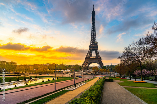 Sunrise behind the Eiffel Tower. Spring morning in Paris, France