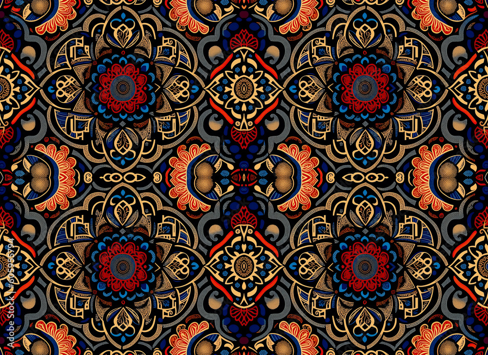 Ornamental rapport Seamless with textures of beautiful flowers in lines and relief. Pattern endless of linear flowers with medallions shapes for repetitive rapport in black background. Generative AI