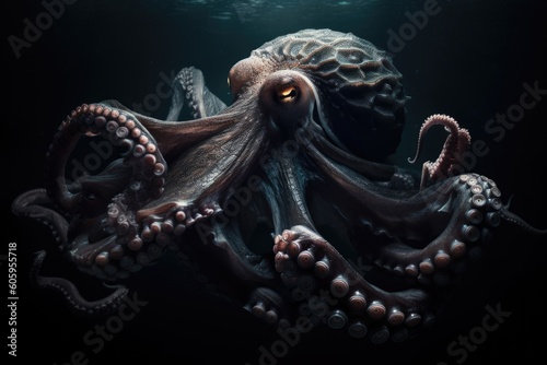 giant octopus hiding in the darkness, its tentacles glowing in the blackness, created with generative ai photo