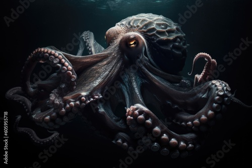giant octopus hiding in the darkness, its tentacles glowing in the blackness, created with generative ai