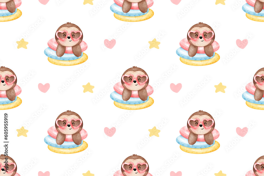 Fototapeta premium Cute sloth, summer animal, summer background, sloth background, patterns, pattern