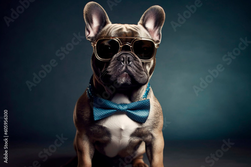 Dog in sunglasses and a bow tie created with Generative AI technology © Innese