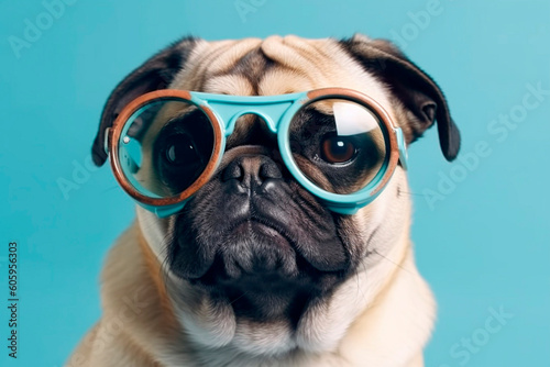 Pug in blue and brown frame sunglasses looking straight to the camera created with Generative AI technology