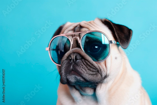 Pug in light blue sunglasses looking to the left created with Generative AI technology © Innese