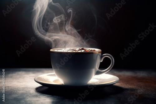 Steaming cup of black coffee created with Generative AI technology
