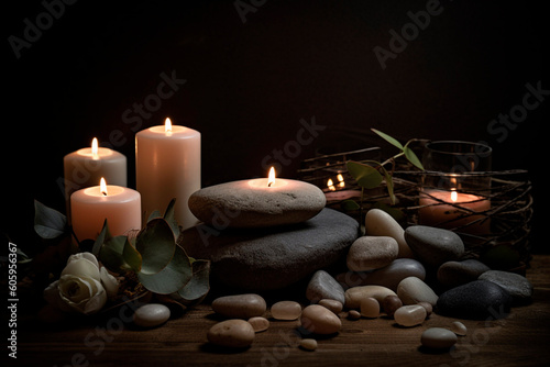 White rose, candles and stones for relax created with Generative AI technology