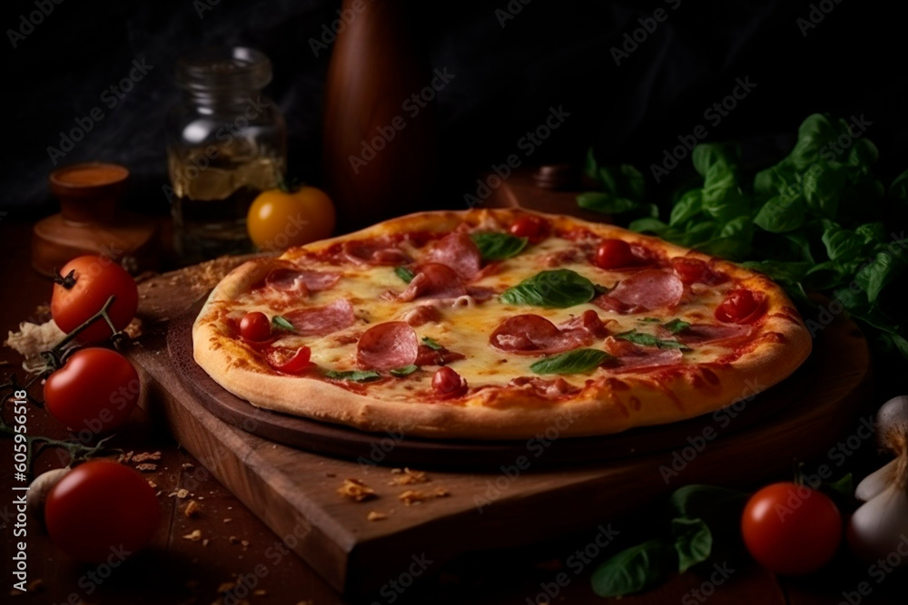 Pizza with salami and tomatoes created with Generative AI technology