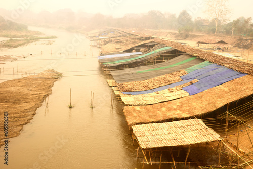 Farm for aquaculture, seafood. Raising shrimp, fish and shellfish. The canopy is built from bamboo poles and matting. Thailand photo