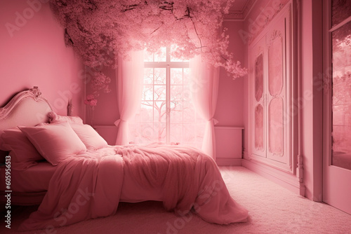 Pink dreams. Total pink bedroom created with generative AI technology, bed, room, window, pink background