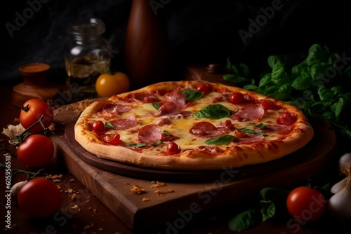 Pizza with salami and tomatoes created with Generative AI technology