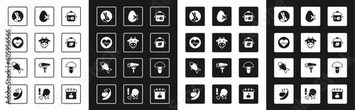Set Cooking pot and chicken leg, Cow head, Heart rate, Rabbit, Vegan food diet, No egg, Mushroom and Fish icon. Vector