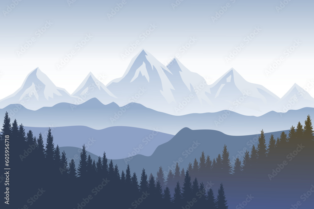 Landscape graphic with mountains for use as a template for flyer or for use in web design.